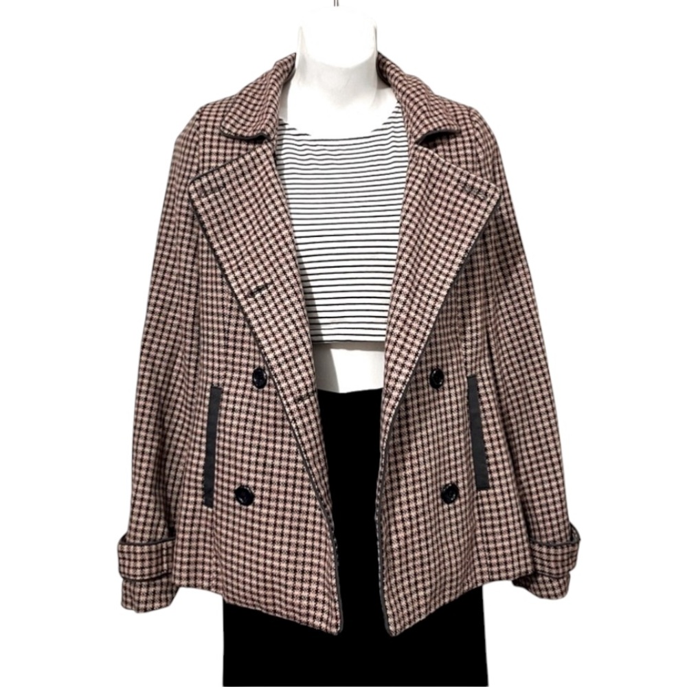 Emmelee Women’s Plaid Double Breasted Navy Beige Pink Trench Pea Coat Jacket M